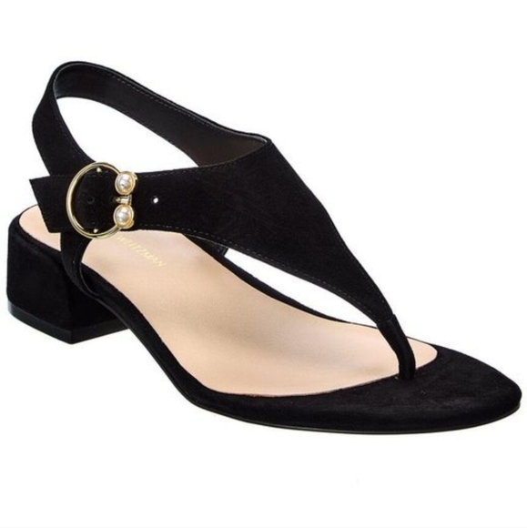 Stuart Weitzman Women's Black Pearlring T-strap Suede Sandal - Picture 1 of 6